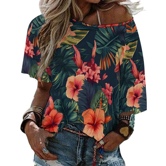 Mid Sleeve Straight Neck T-shirt Hibiscus, Tropical